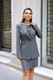 Çizgili Poliviskon Elbise-Ceket Takım Gri
