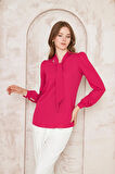 Büzgü Kol Fularlı Gömlek Fuşya