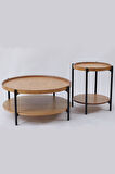 İkili Sehpa Seti – Orta Sehpa 80x42 cm & Yan Sehpa 48x59 cm, MDF Tabla, Siyah Metal Gövde