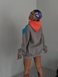 Kadın W Nakış İşlemeli Kapüşonlu 3 iplik pamuklu Parçalı Sweatshirt Hoodie - Mavi