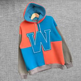 Kadın W Nakış İşlemeli Kapüşonlu 3 iplik pamuklu Parçalı Sweatshirt Hoodie - Mavi