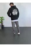 Erkek Kapüşonlu Kanguru Cepli Sweatshirt 3 İplik Pamuklu Baskılı Hoodie - Siyah
