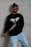 Erkek Güvercin Baskılı 3 iplik Bisiklet Yaka ipamuklu Sweatshirt - Siyah