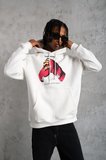 Erkek Kapüşonlu Cepli Boks Eldiven Baskılı 3 İplik Sweatshirt Hoodie - Beyaz