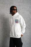 Erkek 3 İplik Pamuklu Kapüşonlu Baskılı Cepli Oversize Sweatshirt Hoodie - Beyaz