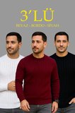 Erkek Fitilli Triko Bisiklet Yaka Kalın Kazak 3'lü Set Beyaz-Bordo-Siyah