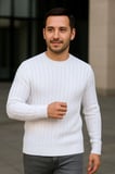 Erkek Fitilli Triko Kazak 3’lü Set Bej Beyaz Siyah | Kalın Dokuma Pamuklu Regular Fit