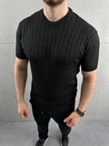 Erkek Yazlık Triko Dokuma Tişört Kısa Kol Bisiklet Yaka Örgü Desenli T-Shirt - Siyah