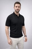 Erkek Yazlık Triko Dokuma Tişört Kısa Kol Polo Yaka T-Shirt - Siyah