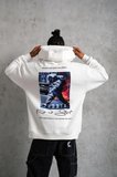 Erkek 3 İplik Pamuklu Kapüşonlu Baskılı Cepli Oversize Sweatshirt Hoodie - Beyaz