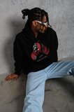 Erkek Kapüşonlu Cepli Box Eldiven Baskılı 3 İplik Sweatshirt Hoodie - Siyah