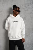 Erkek 3 İplik Pamuklu Kapüşonlu Baskılı Cepli Oversize Sweatshirt Hoodie - Beyaz