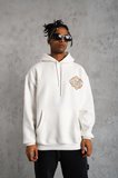 Erkek 3 İplik Pamuklu Kapüşonlu Baskılı Cepli Oversize Sweatshirt Hoodie - Beyaz
