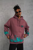 Erkek 3 İplik içi Pamuklu Alev Baskılı Kapüşonlu hoodie Sweatshirt - Gül Kurusu