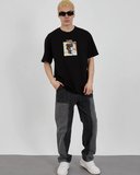 Erkek Kısa Kol Yazlık Tişört Bisiklet Yaka Baskılı Oversize T-Shirt - Siyah