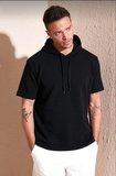 Erkek Kapüşonlu Tişört Kısa Kol Düz Oversize T-shirt - Siyah