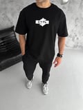 Erkek Kısa Kol Yazlık Tişört Bisiklet Yaka Baskılı Oversize T-Shirt - Siyah