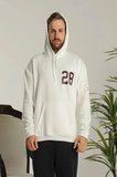 Erkek 3 İplik Pamuklu Kapüşonlu Baskılı Cepli Oversize Sweatshirt Hoodie - Beyaz