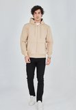 Erkek 3 İplik Pamuklu Kapüşonlu Tam Fermuarlı Cepli Hoodie Sweatshirt - Bej