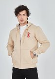 Erkek 3 İplik Pamuklu Kapüşonlu Tam Fermuarlı Cepli Hoodie Sweatshirt - Bej
