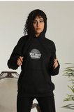 Kadın Oversize Kapüşonlu Cepli Baskılı 3 İplik Pamuklu Hoodie Sweatshirt - Siyah