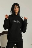 Kadın Oversize Kapüşonlu Cepli Baskılı 3 İplik Pamuklu Hoodie Sweatshirt - Siyah
