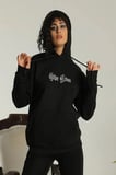 Kadın Oversize Kapüşonlu Cepli Baskılı 3 İplik Pamuklu Hoodie Sweatshirt - Siyah