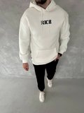 Erkek Kapüşonlu Kanguru Cepli Sweatshirt 3 İplik Pamuklu Baskılı Hoodie -  Beyaz