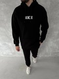 Erkek Kapüşonlu Kanguru Cepli Sweatshirt 3 İplik Pamuklu Baskılı Hoodie -  Siyah