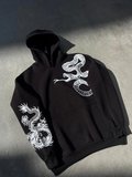 Kadın Oversize Kapüşonlu Cepli Baskılı 3 İplik Pamuklu Hoodie Sweatshirt - Siyah