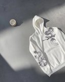Erkek 3 İplik Pamuklu Kapüşonlu Baskılı Cepli Oversize Sweatshirt Hoodie - Beyaz