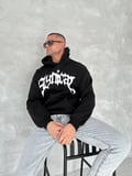 Erkek 3 İplik Pamuklu Kapüşonlu Baskılı Cepli Oversize Sweatshirt Hoodie - Siyah