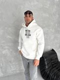 Erkek Kapüşonlu Kanguru Cepli Sweatshirt 3 İplik Pamuklu Baskılı Hoodie - Beyaz