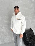 Erkek Kapüşonlu Kanguru Cepli Sweatshirt 3 İplik Pamuklu Baskılı Hoodie - Beyaz