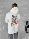 Erkek Kapüşonlu Kanguru Cepli Sweatshirt 3 İplik Pamuklu Baskılı Hoodie - Beyaz