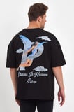 Erkek Melek Baskılı T-Shirt Kısa Kol Bisiklet Yaka Rahat Kalıp Günlük Tişört - Siyah