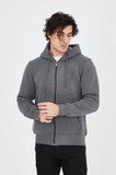 Erkek 3 İplik Pamuklu Fermuarlı Kapüşonlu Kanguru Cepli Hoodie Hırka Sweatshirt - Füme