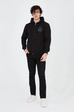 Erkek 3 İplik Pamuklu Fermuarlı Kapüşonlu Kanguru Cepli Baskılı Hoodie Hırka Sweatshirt - Siyah