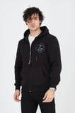 Erkek 3 İplik Pamuklu Fermuarlı Kapüşonlu Kanguru Cepli Baskılı Hoodie Hırka Sweatshirt - Siyah