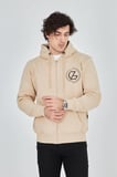 Erkek 3 İplik Pamuklu Fermuarlı Kapüşonlu Kanguru Cepli Baskılı Hoodie Hırka Sweatshirt - Bej