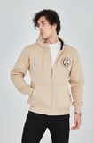 Erkek 3 İplik Pamuklu Fermuarlı Kapüşonlu Kanguru Cepli Baskılı Hoodie Hırka Sweatshirt - Bej