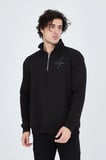 Erkek Yarım Fermuarlı Baskılı 3  iplik pamuklu sweatshirt - Siyah