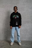 Erkek 3 İplik Pamuklu Kapüşonlu Baskılı Cepli Oversize Sweatshirt Hoodie - Siyah