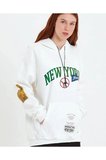 Kadın Oversize Kapüşonlu Cepli Ön Kol Baskılı 3 İplik Pamuklu Hoodie Sweatshirt - Beyaz