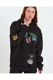 Kadın Oversize Kapüşonlu Cepli Ön Kol Baskılı 3 İplik Pamuklu Hoodie Sweatshirt - Siyah