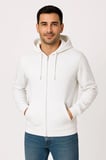 Erkek 3 İplik Pamuklu Kapüşonlu Tam Fermuarlı Cepli Hoodie Sweatshirt - Beyaz