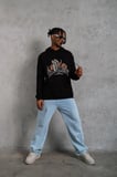 Erkek Kapüşonlu Kanguru Cepli Sweatshirt 3 İplik Pamuklu Baskılı Hoodie - Siyah