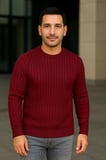 Erkek Bisiklet Yaka Triko Kazak Pamuklu Kalın Fitilli Dokuma Regular Fit - Bordo