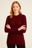 Kadın Bisiklet Yaka Triko Kazak Pamuklu Kalın Fitilli Dokuma Regular Fit - Bordo