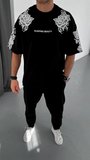 Erkek Kısa Kol Yazlık Tişört Bisiklet Yaka Baskılı Oversize T-Shirt - Siyah